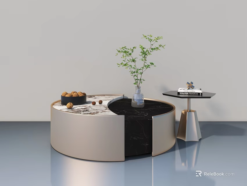 Modern Round Sofa Coffee Table Set With Beige Black Design Side Table And Plant Decor 3d model