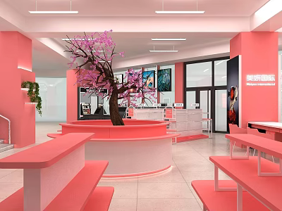 Pink Themed Tobacco Liquor Store Interior With Central Flowering Tree And Display Counters 3d model