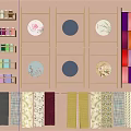 Organized Wall Display With Colorful Thread Spools Decorative Plates And Fabric Rolls 3d model