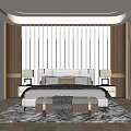Modern Luxury Bedroom Interior With Striped Headboard Wall Lighting And Large Window