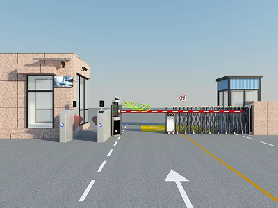 Public Facility Entrance With Security Barrier Gate And Directional Road Arrows 3d model