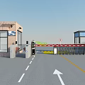 Public Facility Entrance With Security Barrier Gate And Directional Road Arrows