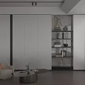 Modern Living Room Interior With Beige Armchair Round Coffee Table Open Shelving And Marble Backsplash