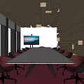 Modern Conference Room Featuring Long White Table Red Chairs Large Screen TV And Wooden Ceiling