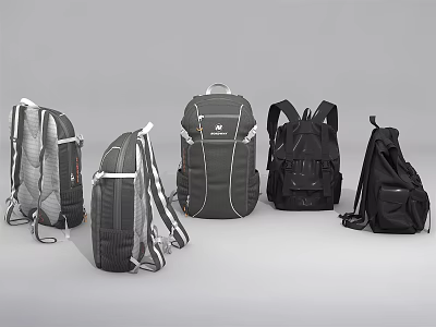 Various Gray and Black Backpacks with Multiple Pockets and Adjustable Straps for Daily Use 3d model