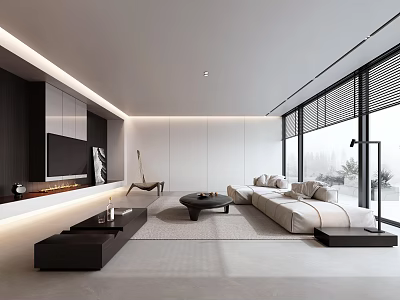Modern Minimalist Living Room Interior Design With Floor to Ceiling Windows And White Sofa 3d model