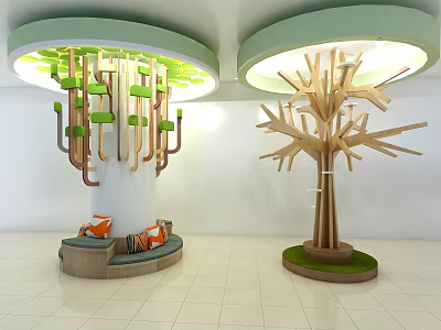 Tree Shaped Columns With Circular Seating And Wooden Branch Design In Modern Interior 3d model