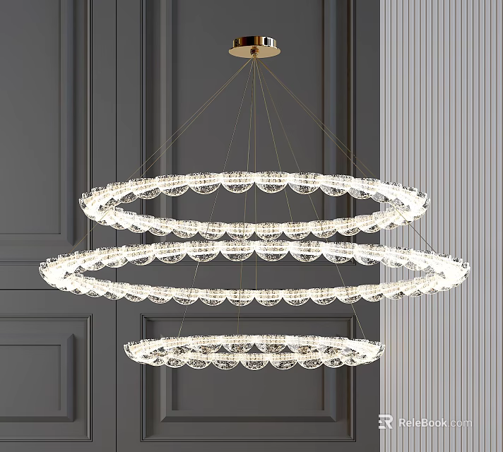 Elegant Modern Crystal Chandelier With Three Tier Circular Rings And Golden Suspension Chains Against Dark Wall 3d model 