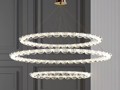 Elegant Modern Crystal Chandelier With Three Tier Circular Rings And Golden Suspension Chains Against Dark Wall 3d model