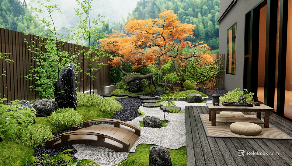 Tranquil Japanese Garden With Wooden Bridge Gravel Path And Lush Green Plants 3d model 