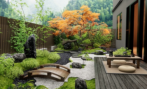 Japanese-style courtyard landscape Tingbu flower landscape stone plant landscape fence plant combination red maple 3d model