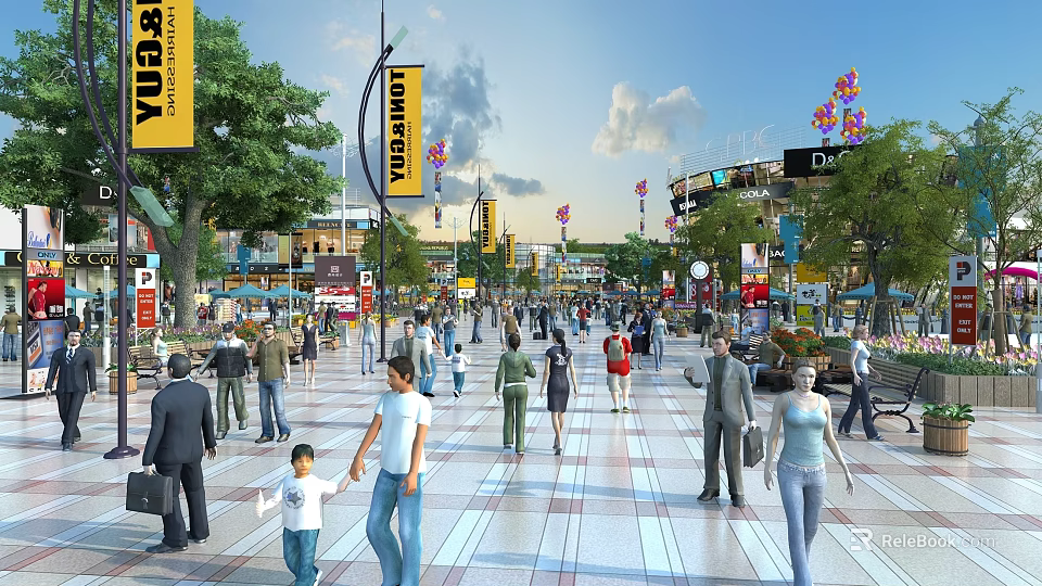 Busy Commercial Street With Crowded Pedestrians Store Signs Trees And Colorful Balloons 3d model 