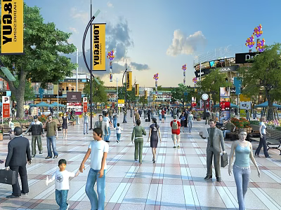 Busy Commercial Street With Crowded Pedestrians Store Signs Trees And Colorful Balloons 3d model