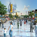 Busy Commercial Street With Crowded Pedestrians Store Signs Trees And Colorful Balloons
