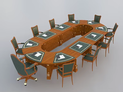 Oval Shaped Wooden Conference Table With Green Backrest Wheeled Chairs And Table Mats 3d model