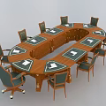Oval Shaped Wooden Conference Table With Green Backrest Wheeled Chairs And Table Mats