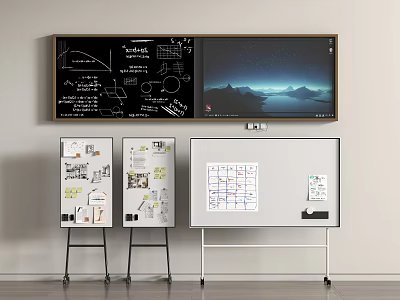 Classroom Presentation Setup With Large Screen Blackboard Writings Scenery Image And Easel Boards With Drawings Charts 3d model
