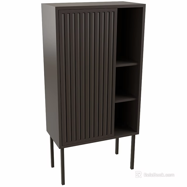 Modern Dark Sideboard with Vertical Slat Design Open Shelves and Slim Legs 3d model 