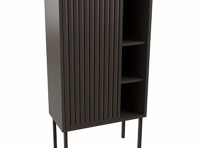Modern Dark Sideboard with Vertical Slat Design Open Shelves and Slim Legs 3d model