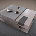 Modern Coffee Table with wooden stone top featuring bowl cups cloth and layered design