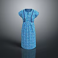 Stylish Blue Polka Dot Dress with Short Sleeves and Black Trim Design