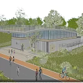 Modern Public Building in Green Landscape with Pedestrians Cyclists and Glass Design