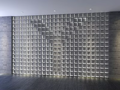 Modern Chandelier Illuminating Room With Translucent Square Wall Gray Brick Sides And Dark Floor 3d model