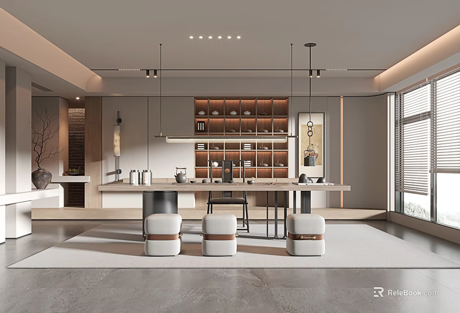 Modern Open Tea Room Interior Design With Tea Table And Pendant Lights 3d model 