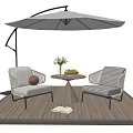 Stylish Outdoor Chairs On Wooden Deck With Shade Umbrella Table And Fresh Flowers