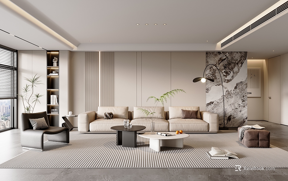 Modern Living Room With Beige Sofa Black Armchair Coffee Table Floor Lamp And Striped Rug 3d model 