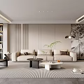 Modern Living Room With Beige Sofa Black Armchair Coffee Table Floor Lamp And Striped Rug
