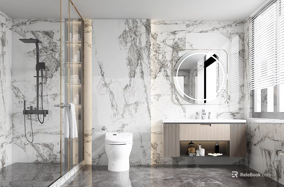 Modern Bathroom Interior With Marble Walls Shower Toilet And Wooden Vanity Mirror 3d model 