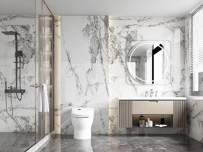 Modern Bathroom Interior With Marble Walls Shower Toilet And Wooden Vanity Mirror 3d model