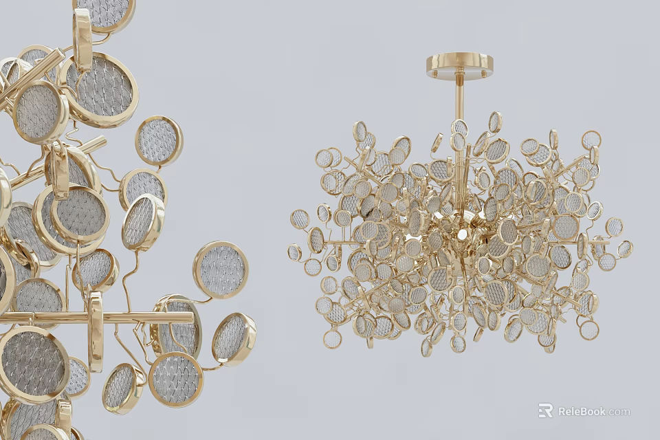 Modern Gold Chandelier With Circular Frosted Glass Elements And Branching Design 3d model 