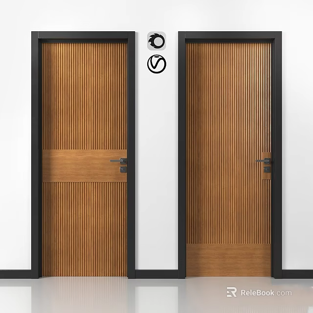 Two Wooden Doors With Vertical Stripes Horizontal Decor Metal Handles And No Entry Signs 3d model 
