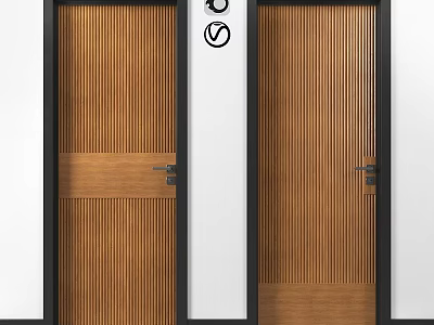 Two Wooden Doors With Vertical Stripes Horizontal Decor Metal Handles And No Entry Signs 3d model