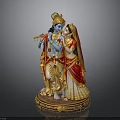 Krishna Radha Sculpture With Blue Skin Flute Red Gold Attire And Golden Decorative Base
