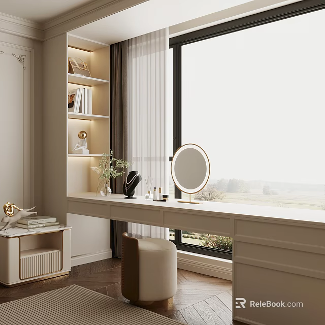 Elegant Modern Dressing Table With Round Mirror Drawers And Plant By Window 3d model