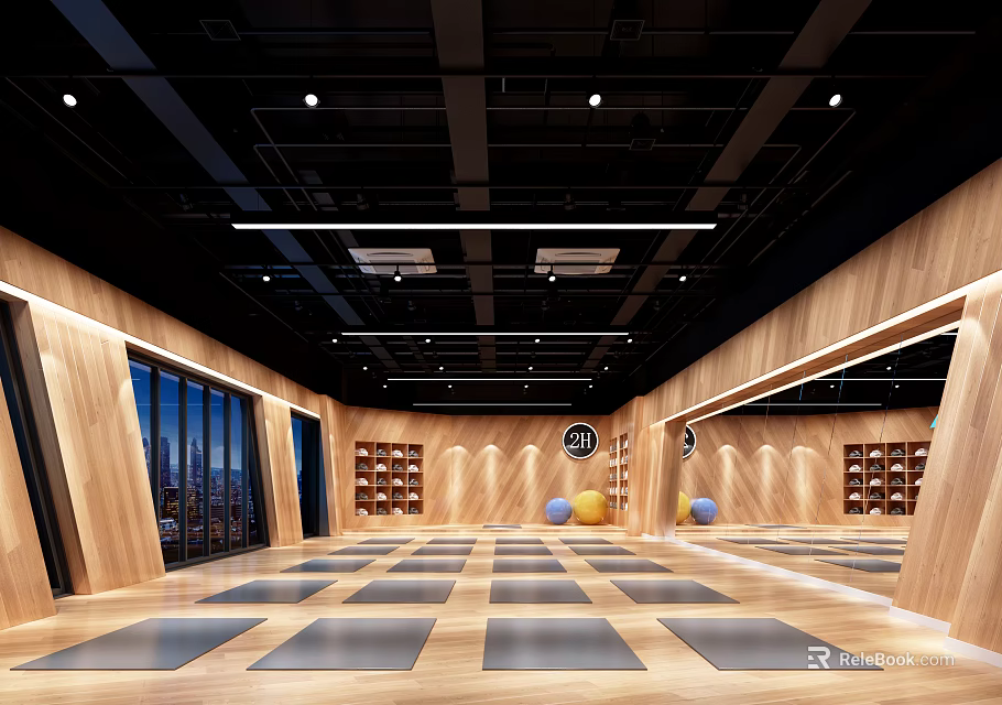 Modern Fitness Gym Interior With Wooden Walls Mirrors Yoga Mats And City View Windows 3d model 