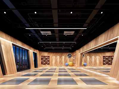 Modern Fitness Gym Interior With Wooden Walls Mirrors Yoga Mats And City View Windows 3d model
