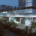 Modern Office Building With Glass Curtain Walls White Frame Structure Pedestrians Greenery And Wooden Walkway