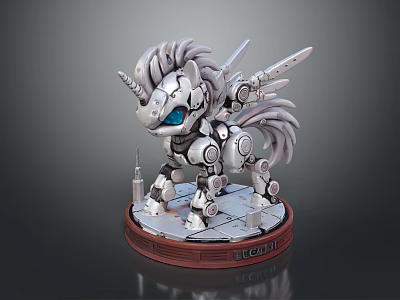 Game Movie Character Mechanical Unicorn Metallic Blue Eyes Wings Holding Sword on City Buildings Base 3d model