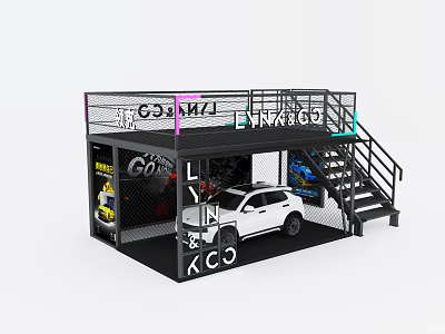 Two Story Car Display Space Design With White Car Staircase And Railing 3d model