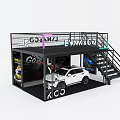Two Story Car Display Space Design With White Car Staircase And Railing