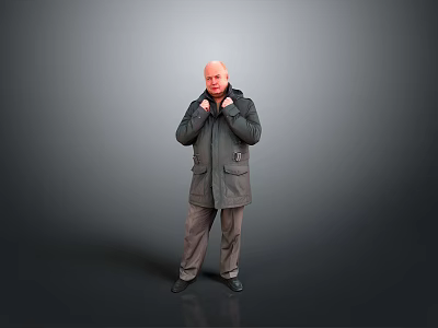 Bald Man Adjusting Collar Of Dark Coat Standing Against Gray Background 3d model
