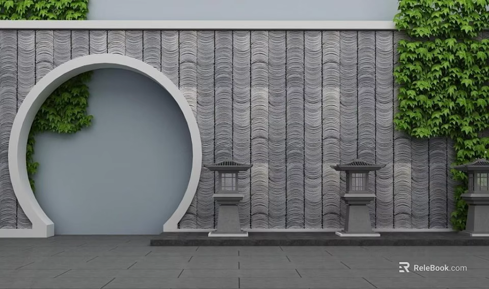 Gray Stone Feature Wall With Wavy Texture Circular Archway Green Climbing Plants And Stone Lanterns 3d model 