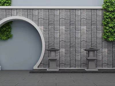 Gray Stone Feature Wall With Wavy Texture Circular Archway Green Climbing Plants And Stone Lanterns 3d model