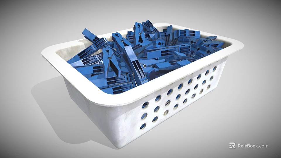 White Plastic Basket Filled With Blue Clothespins For Household Use 3d model 