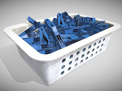 White Plastic Basket Filled With Blue Clothespins For Household Use 3d model