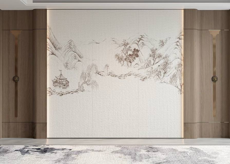 Chinese Style Sofa Background Wall With Landscape Painting And Wooden Accents 3d model 